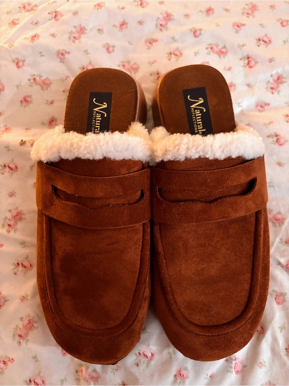 Naturalizer Faux-Suede Shearling Lined Slides in Cognac